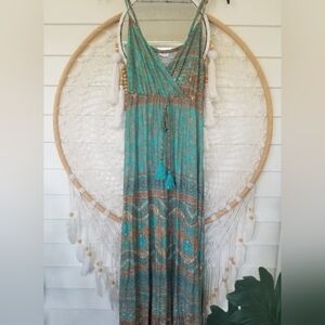 SALE Bohemian Teal and Tan Tassle Maxi Dress Size Small